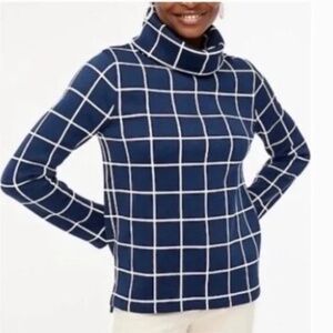 J Crew Funnel Neck Windowpane Plaid Navy Sweater XXS